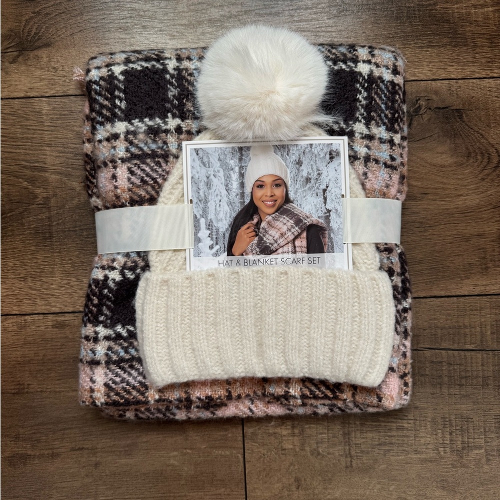 Plaid Hat and Blanket Scarf Set with Pom Pom